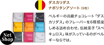 ダスカリダス ナポリタンアソート（9枚） ベルギーの高級チョコレート「ダスカリダス」のフレーバーを6種類楽しめる詰め合わせ。伝統菓子「スペキュロス」味が入っているのがベルギーならでは。