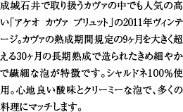 成城石井で取り扱うカヴァの中でも人気の高い「アケオ カヴァ ブリュット」の2011年ヴィンテージ。カヴァの熟成期間規定の9ヶ月を大きく超える30ヶ月の長期熟成で造られたきめ細やかで繊細な泡が特徴です。シャルドネ100％使用。心地良い酸味とクリーミーな泡で、多くの料理にマッチします。