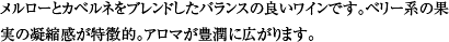 メルローとカベルネをブレンドしたバランスの良いワインです。ベリー系の果実の凝縮感が特徴的。アロマが豊潤に広がります。