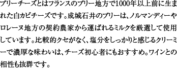 ブリーチーズとはフランスのブリー地方で1000年以上前に生まれた白カビチーズです。成城石井のブリーは、ノルマンディーやロレーヌ地方の契約農家から運ばれるミルクを厳選して使用しています。比較的クセがなく、塩分をしっかりと感じるクリーミーで濃厚な味わいは、チーズ初心者にもおすすめ。ワインとの相性も抜群です。