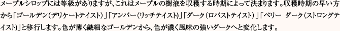 メープルシロップには等級がありますが、これはメープルの樹液を収穫する時期によって決まります。収穫時期の早い方から「ゴールデン（デリケートテイスト）」「アンバー（リッチテイスト)」「ダーク（ロバストテイスト）」「ベリー ダーク（ストロングテイスト)」と移行します。色が薄く繊細なゴールデンから、色が濃く風味の強いダークへと変化します。