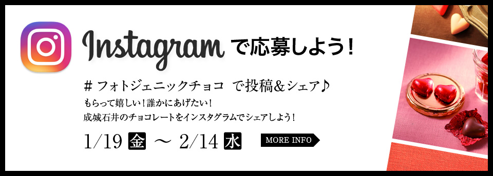 Instagramで応募しよう！ #フォトジェニックチョコ で投稿&シェア♪ もらって嬉しい！誰かにあげたい！成城石井のチョコレートをインスタグラムでシェアしよう！ 1/19金 ～ 2/14水 MORE INFO