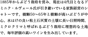 1885年からぶどう栽培を営み、現在は4代目となるドミニク・ルヴェール氏が引き継いでいる家族経営のシャトーです。樹齢50～65年と樹齢が高いぶどうが中心。水はけの良い粘土石灰質の土壌に長い日照時間、ミクロクリマと呼ばれるぶどう栽培に理想的な土地で、毎年評価の高いワインを生み出しています。