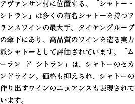 アヴァンサン村に位置する、「シャトー・シトラン」は多くの有名シャトーを持つフランスワインの最大手、タイヤングループの傘下にあり、高品質のワインを造る実力派シャトーとして評価されています。「ムーラン ド シトラン」は、シャトーのセカンドライン。価格も抑えられ、シャトーの作り出すワインのニュアンスも表現されています。