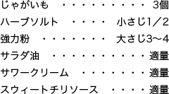 じゃがいも 3個、ハーブソルト 小さじ1／2、強力粉 大さじ3〜4、サラダ油 適量、サワークリーム 適量、スウィートチリソース 適量