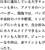 日本に進出している大手チェーンも多い、アメリカのハンバーガー。現地では、バンズや具材のパテや野菜、トッピングにいたるまで、自分好みにカスタムメイドできるレストランも人気です。ジューシーな牛肉は、赤ワインともぴったり。