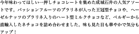 今年味わってほしい一押しチョコレートを集めた成城石井の人気アソートです。パッションフルーツのプラリネが入った王冠型チョコや、ヘーゼルナッツのプラリネ入りのハート型ミルクチョコなど、ベルギーから直輸入したネチョコを詰め合わせました。味も見た目も華やかで気分もアップ！