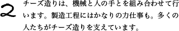 2 チーズ造りは、機械と人の手とを組み合わせて行います。製造工程にはかなりの力仕事も。多くの人たちがチーズ造りを支えています。