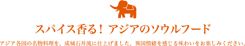 スパイス香る！　アジアのソウルフード アジア各国の名物料理を、成城石井流に仕上げました。異国情緒を感じる味わいをお楽しみください。