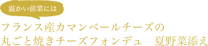 温かい前菜には フランス産カマンベールチーズの丸ごと焼きチーズフォンデュ　夏野菜添え