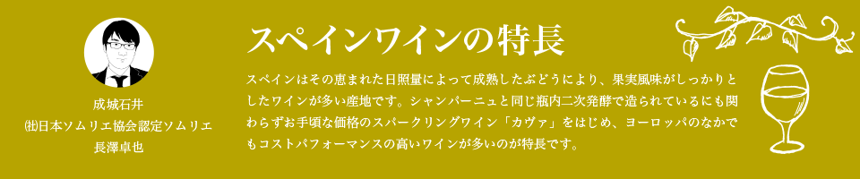 スペインワインの特長 スペインはその恵まれた日照量によって成熟したぶどうにより、果実風味がしっかりとしたワインが多い産地です。シャンパーニュと同じ瓶内二次発酵で造られているにも関わらずお手頃な価格のスパークリングワイン「カヴァ」をはじめ、ヨーロッパのなかでもコストパフォーマンスの高いワインが多いのが特長です。成城石井 ㈳日本ソムリエ協会認定ソムリエ 長澤卓也