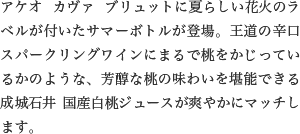 アケオ カヴァ ブリュットに夏らしい花火のラベルが付いたサマーボトルが登場。王道の辛口スパークリングワインにまるで桃をかじっているかのような、芳醇な桃の味わいを堪能できる成城石井 国産白桃ジュースが爽やかにマッチします。