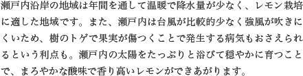 瀬戸内沿岸の地域は年間を通して温暖で降水量が少なく、レモン栽培に適した地域です。また、瀬戸内は台風が比較的少なく強風が吹きにくいため、樹のトゲで果実が傷つくことで発生する病気もおさえられるという利点も。瀬戸内の太陽をたっぷりと浴びて穏やかに育つことで、まろやかな酸味で香り高いレモンができあがります。