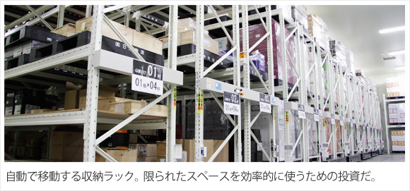 自動で移動する収納ラック。限られたスペースを効率的に使うための投資だ。